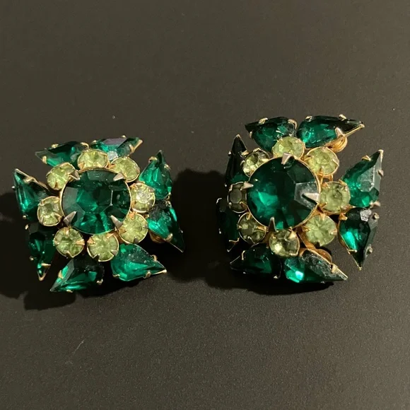 Green and Gold Maltese Cross Clip On Earrings - Picture 5 of 6